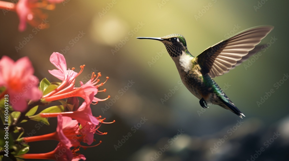 Fototapeta premium A hummingbird in flight above a vibrant pink flower