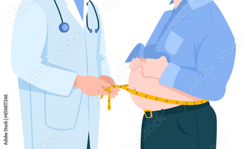 Vector of an obese, overweight male patient, doctor measuring with tape his waist line around stomach, belly isolated on white background.