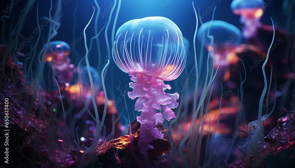 A mesmerizing group of jellyfish gracefully floating in the vast ocean
