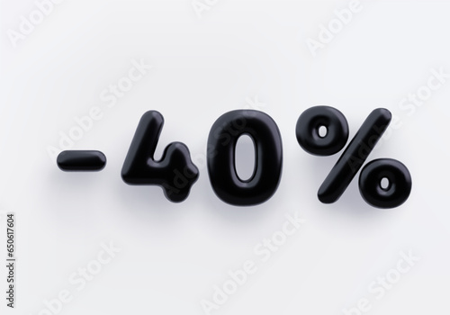 Black 3D discount sign minus 40 percent on a white background.