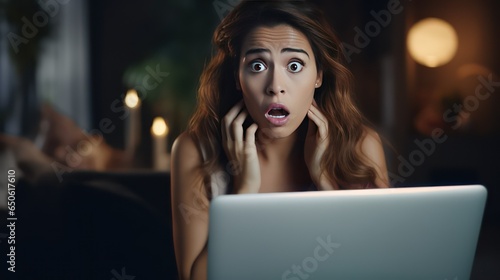 portrait of a women in shock reaction with laptop