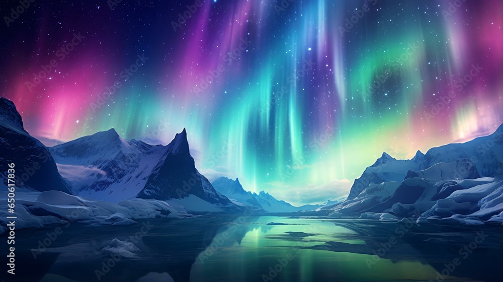 An enchanting aurora borealis illuminating the night sky above majestic mountain peaks