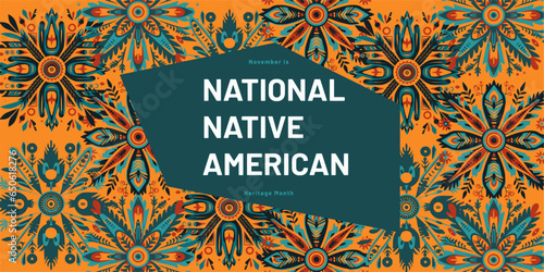 Vector with the colors red, orange, and teal and the text "November is National Native American Heritage Month"