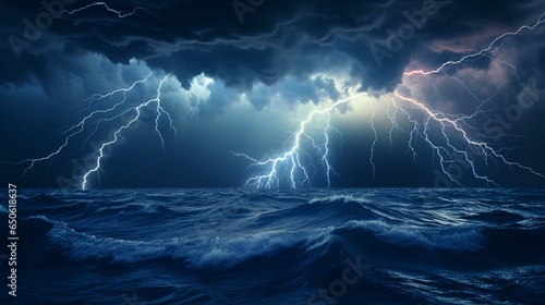 A dramatic lightning storm over the ocean photo