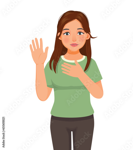 Young woman swearing making an oath promising with hand on her chest and raising opened palm