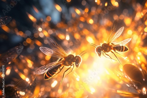 Two bees in flight with vibrant light backdrop © KWY