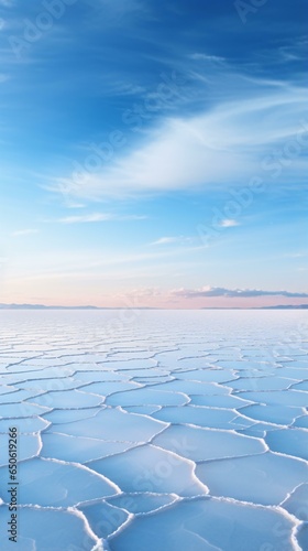 A serene and expansive body of water under a clear blue sky