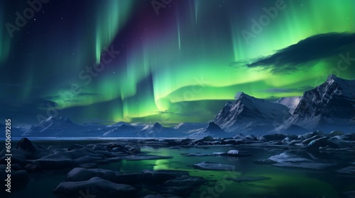 A stunning green and purple aurora borealis illuminating a majestic mountain range