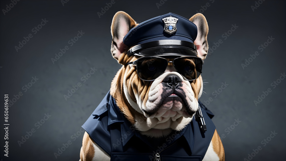 Mean looking bulldog working as a security officer or cop, wearing police hat, and sunglasses. Guarding dog concept. Wide banner copy space for text. Generative Ai - obrazy, fototapety, plakaty 