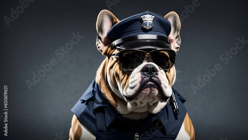Mean looking bulldog working as a security officer or cop, wearing police hat, and sunglasses. Guarding dog concept. Wide banner copy space for text. Generative Ai