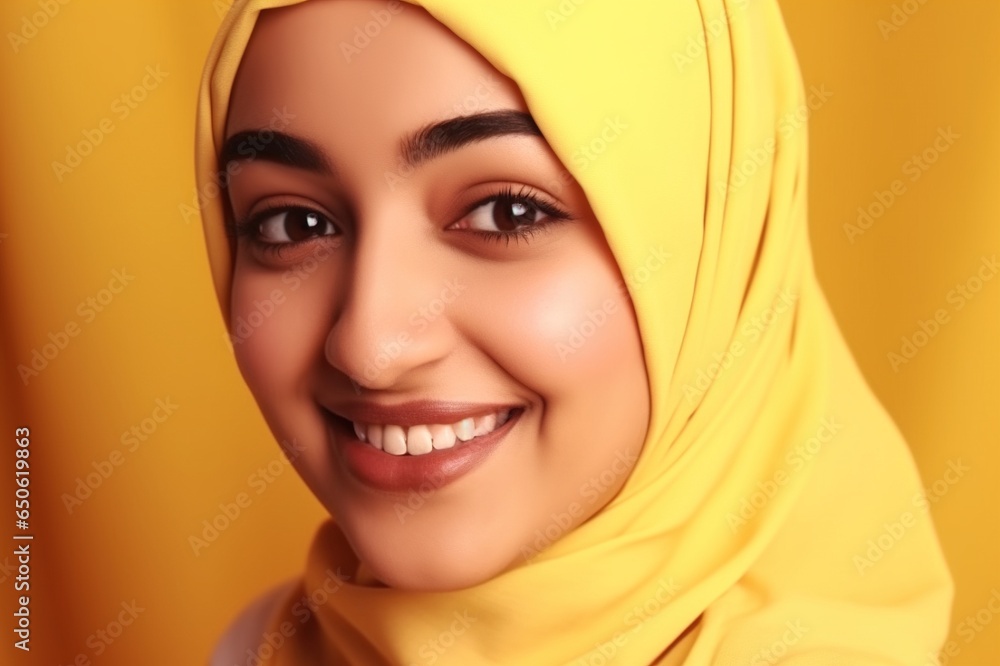 Smiling happy arab asian muslim woman in yellow hijab clothes isolated on yellow background studio portrait. Uae people middle east islam religious concept. generative AI Smiling happy arab asian muslim woman in yellow hijab clothes isolated on yellow background studio portrait. Uae people middle east islam religious concept. generative AI