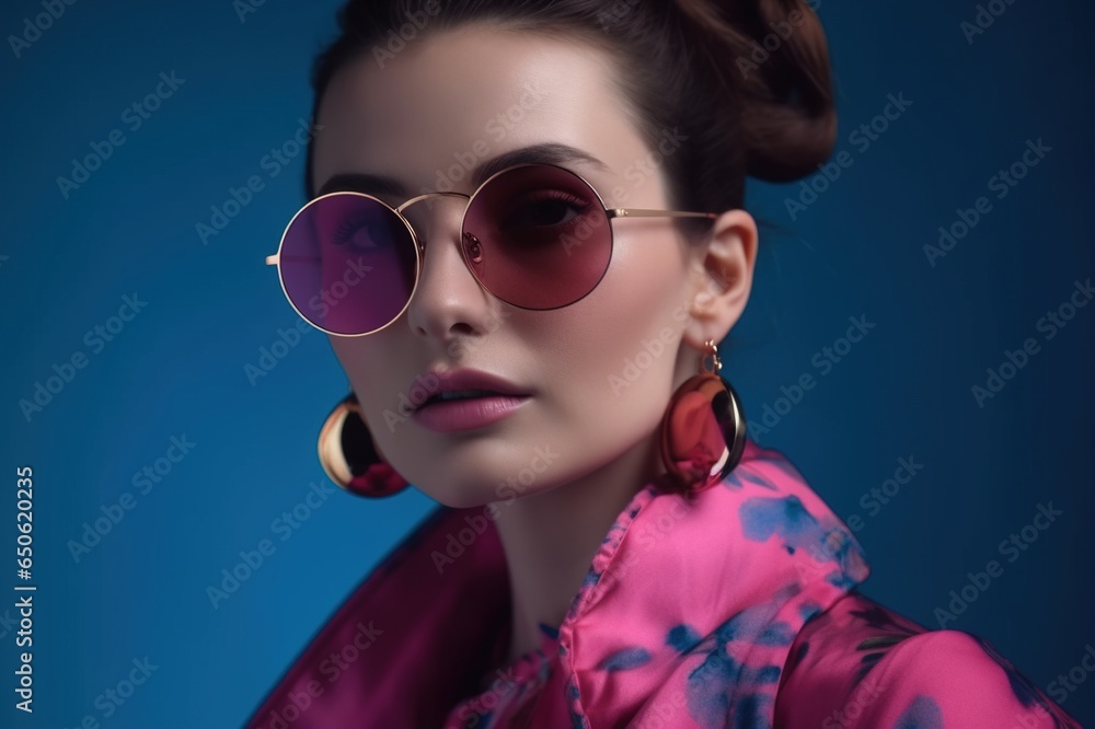 Elegant confident woman in a fashionable outfit with a fuchsia pink suit and pink earrings. sunglasses, Copy, empty space for text, generative AI Elegant confident woman in a fashionable outfit with a fuchsia pink suit and pink earrings. sunglasses, Copy, empty space for text, generative AI