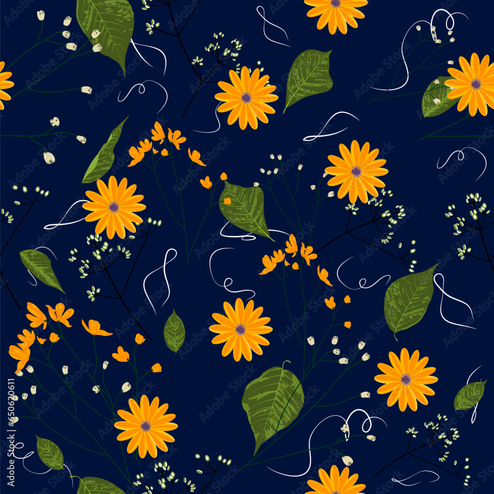Beautiful classic summer floral seamless pattern with yellow chamomiles and sprigs on blue background.
