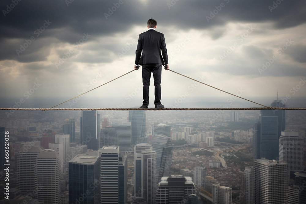 businessman walking on a rope over a city skyline businessman walking on a rope over a city skyline