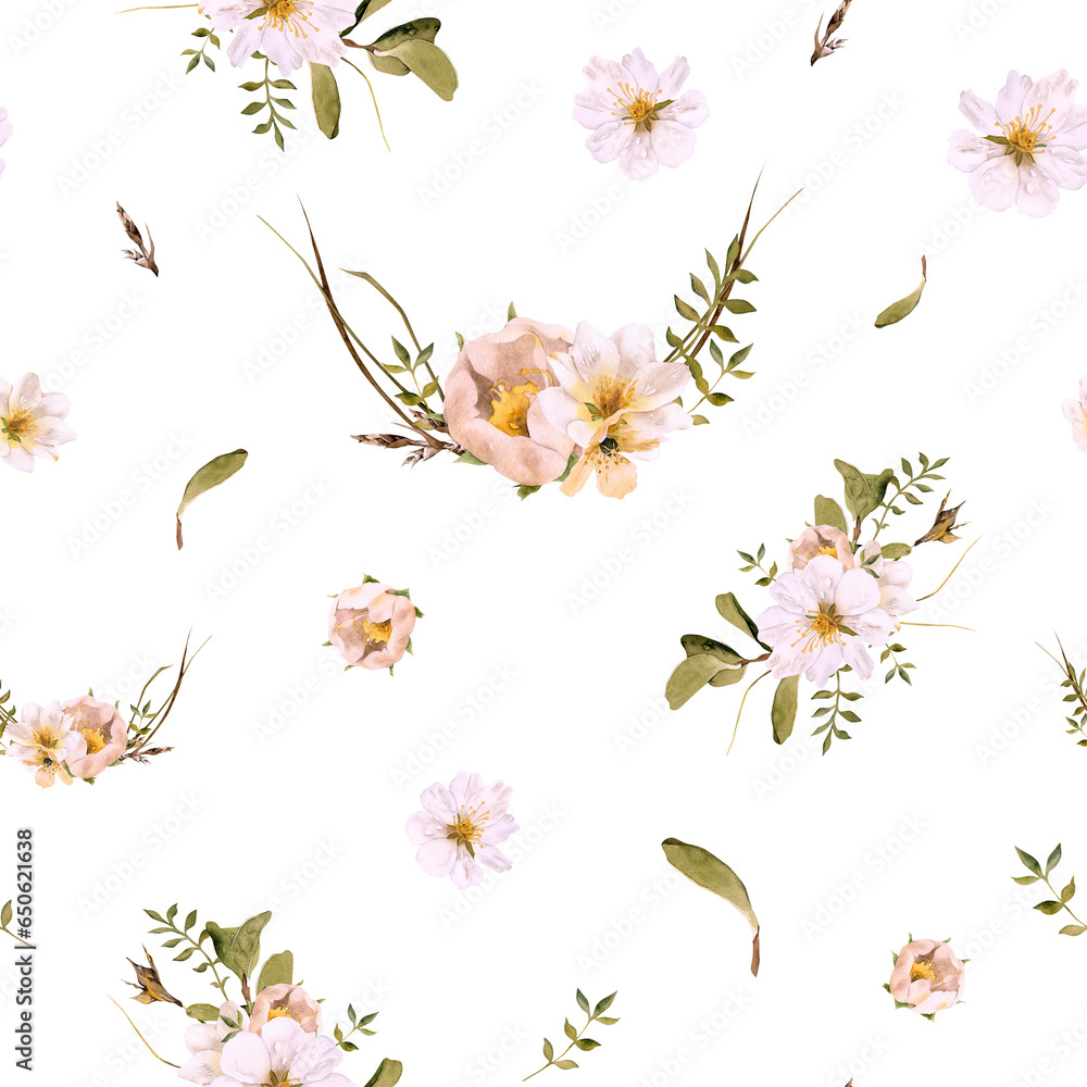 Watercolor floral seamless pattern with white yellow flowers, blueberry and green leaves. Hand-drawn botanical repeated pattern with transparent background. Forest plants  backdrop for fabric, paper