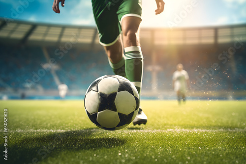 Fußballspieler im Stadion dribbelt mit Ball am Fuß, dynamische Spielszene, erstellt mit generativer KI © rawku5