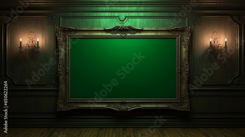 Wooden victorian picture frame with green screen and wallpaper for mockup © Nordiah