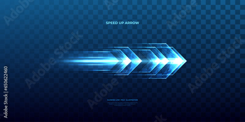Abstract speed movement of arrows. Energy arrow with speed light effect. Isolated glowing web sign on dark blue technology background. Low poly wireframe vector illustration in futuristic style.