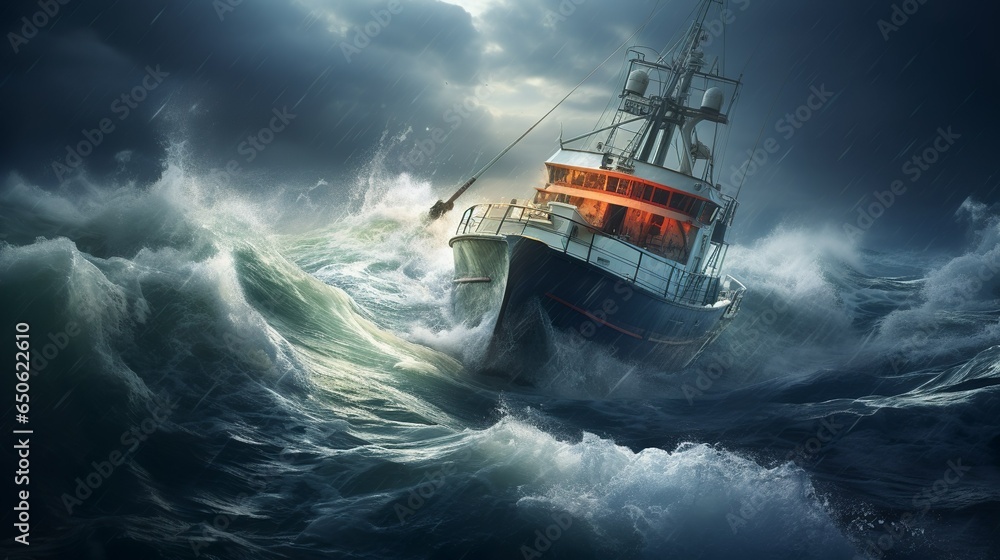 Sinking boat caught in a storm out at sea with heavy rain and wind dark oceanic scenery - obrazy, fototapety, plakaty 