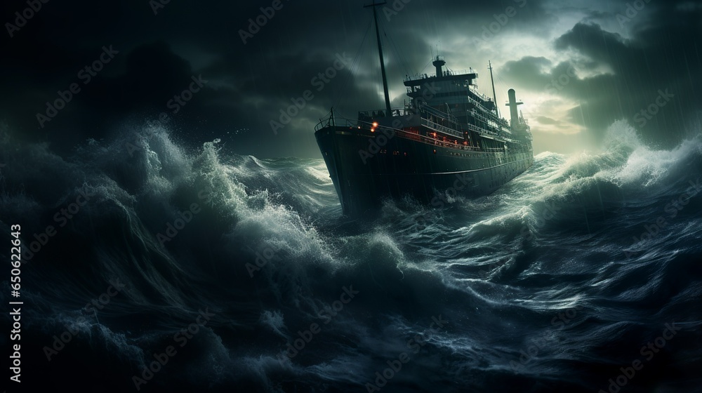 Ocean cruiser on the stormy sea fighting the waves - obrazy, fototapety, plakaty 