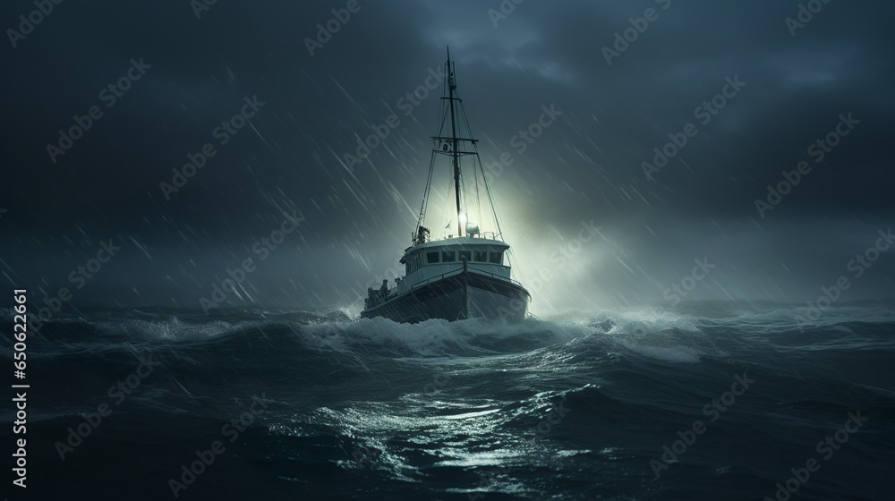Obraz premium Fishing boat lost at sea in the stormy weather with dark lights and huge waves