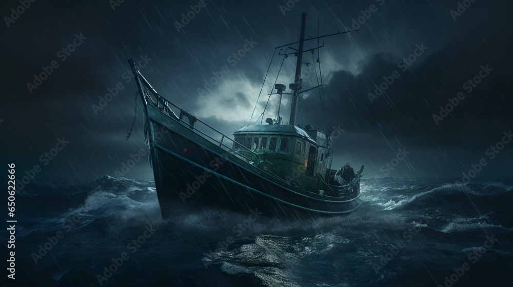 Fishing boat lost at sea in the stormy weather with dark lights and huge waves - obrazy, fototapety, plakaty 