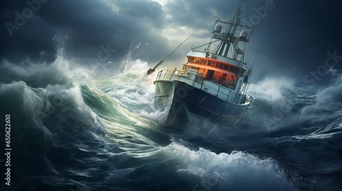 Sinking boat caught in a storm out at sea with heavy rain and wind dark oceanic scenery
