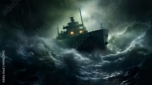 Ocean cruiser on the stormy sea fighting the waves