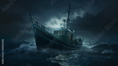 Fishing boat lost at sea in the stormy weather with dark lights and huge waves