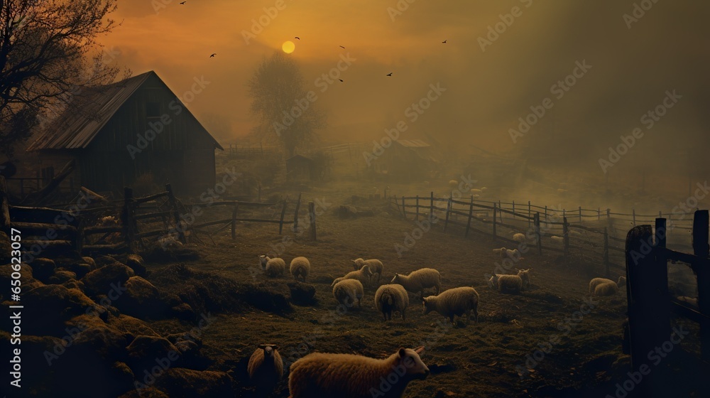 Livestock in the rural village landscape atmospheric and nostalgic farmland scenery - obrazy, fototapety, plakaty 