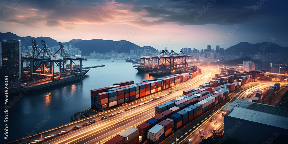 Shipping  Logistics Freight Forwarding Agency Freight Transport Cargo Business sunset background - obrazy, fototapety, plakaty 