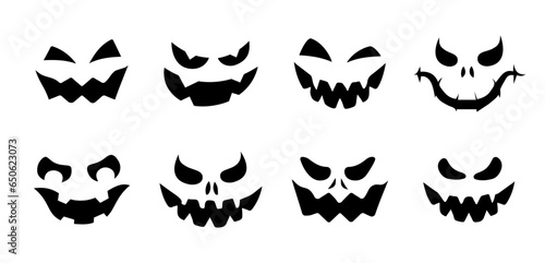 Halloween pumpkin scary faces. Set of Halloween scary faces silhouettes isolated on white. Jack-O-Lantern flat icons