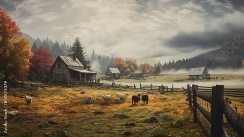 Rural landscape with lifestock and foggy, misty country roads 