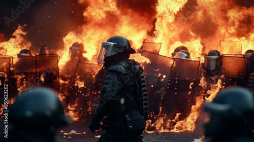 Riot police wearing armor and helmet fighting in flames against a revolt in a revolution