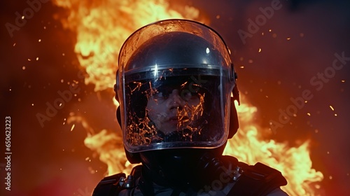 Riot police wearing armor and helmet fighting in flames against a revolt in a revolution