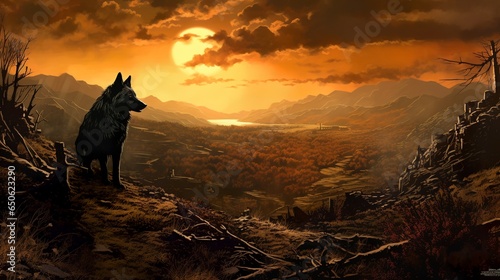 A huge dark black wolf and a girl looking at the sunset in a canyon mountain landscape