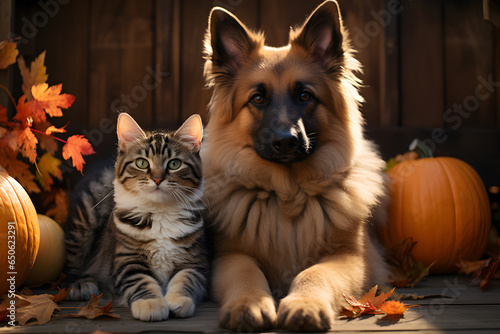 Cat and dog sitting on the floor decorated with pumpkins and autumn leaves. Orange, red autumn fall horizontal banner, halloween and thanksgiving concept.