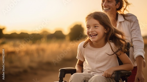 A beautiful little girl with a disability walks in a wheelchair with her mom at sunset. A child with disabilities