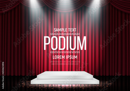 Podium illuminated by spotlights with a red curtain. Empty pedestal for award ceremony or presentation. Vector illustration.