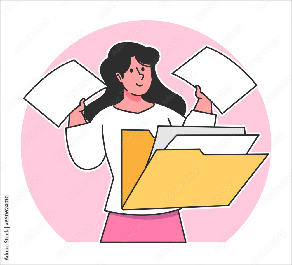 A woman searches for data from a document folder A woman searches for data from a document folder