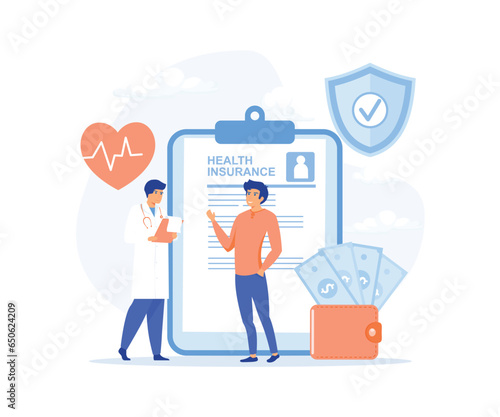 Health insurance concept, doctor and patient with health insurance form. Healthcare, finance and medical service. flat vector modern illustration