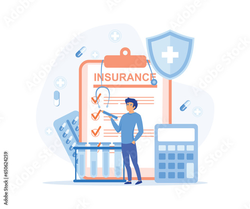 Health insurance concept, Man fills out health insurance policy contract and calculate the payment, flat vector modern illustration