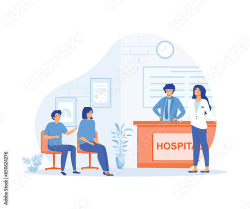 Hospital reception, Patients at a hospital reception desk registering and paying at the desk or sitting waiting for the doctor, flat vector modern illustration