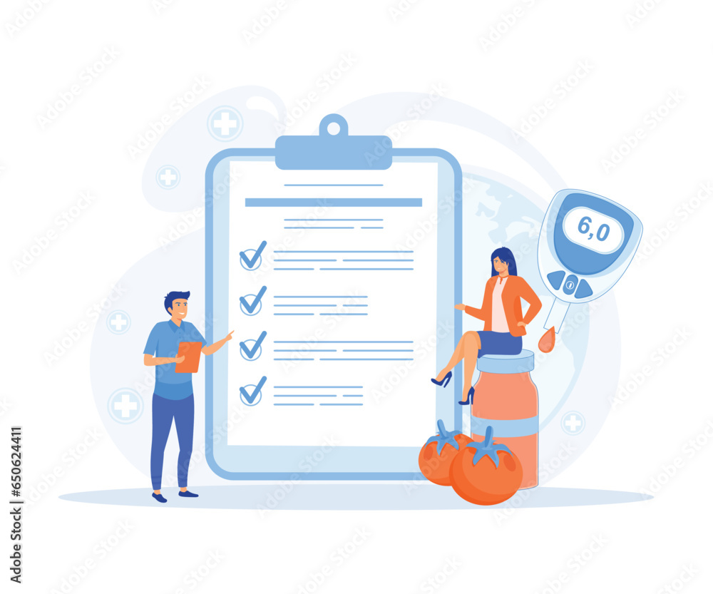 Medicine diabetes concept. Medical report or diagnosis card. Diabetic nutrition for people with diabetes, flat vector modern illustration Medicine diabetes concept. Medical report or diagnosis card. Diabetic nutrition for people with diabetes, flat vector modern illustration