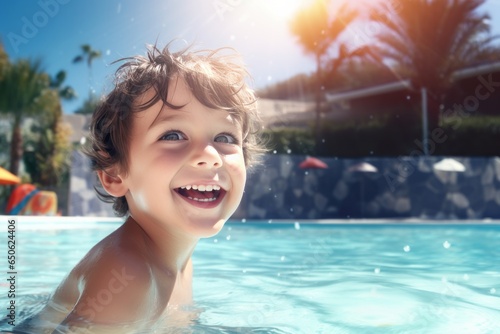Portrait of happy smiling boy playing in a pool having fun on a summer sunny day. Close up of smiling kid looking at camera