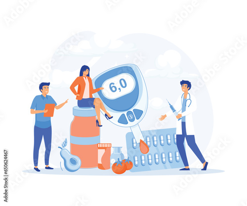 health nutrition and food for diabetic, diabetic medications and glucometers for sugar level blood test, flat vector modern illustration 