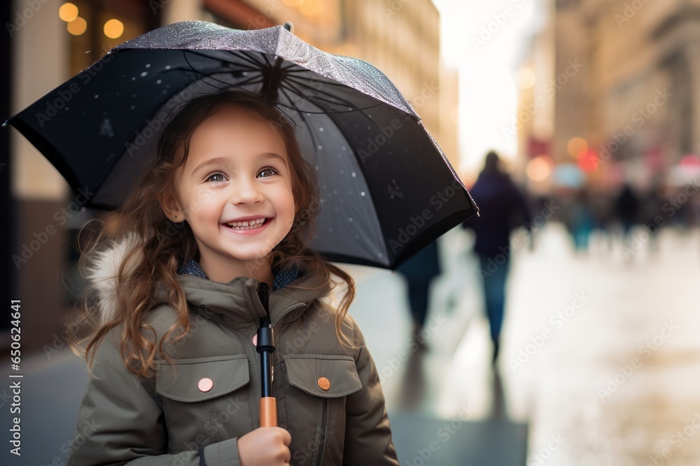 Little smiling girl holding a umbrella outdoors in spring - obrazy, fototapety, plakaty 