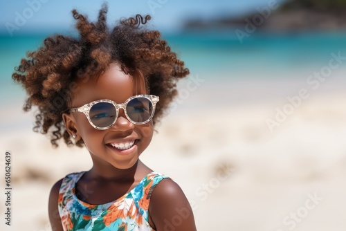 Portrait of Afro American child having fun on the beach during vacation time.