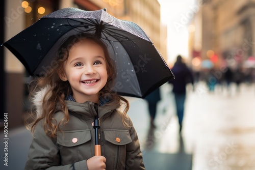 Little smiling girl holding a umbrella outdoors in spring
