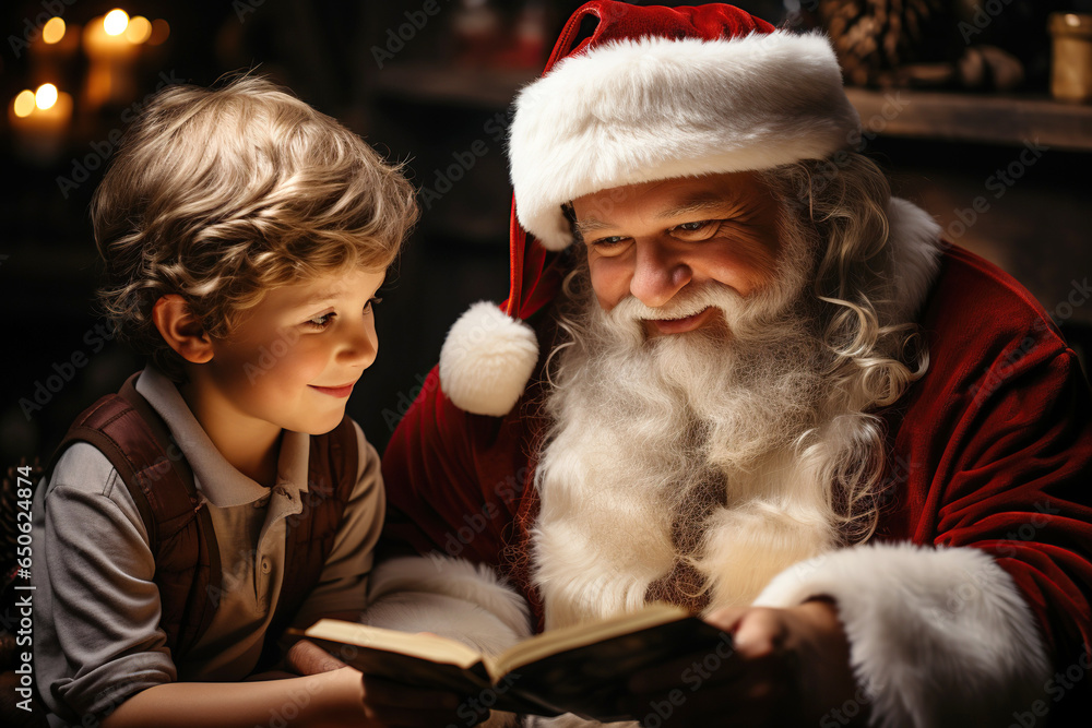 man grandfather in Santa Claus costume reads book to a child boy grandson on the couch at home man grandfather in Santa Claus costume reads book to a child boy grandson on the couch at home